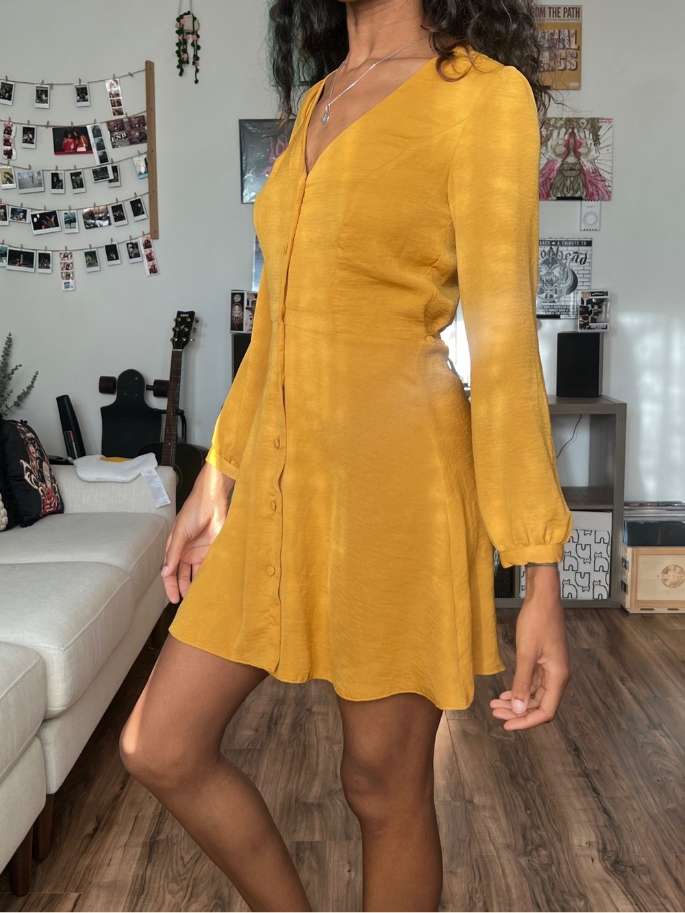Primark Mustard Button-Front Long-Sleeve Dress